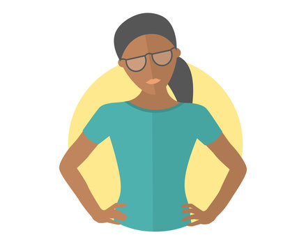 Resolute black pretty girl in glasses. Lets do it concept. Flat design icon. Decisive woman with arms akimbo. Simply editable isolated vector illustration