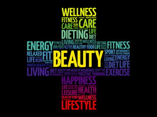 BEAUTY word cloud collage, health cross concept