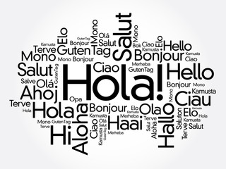 Hola (Hello Greeting in Spanish) word cloud in different languages of the world, background concept © dizain