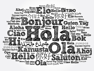 Hola (Hello Greeting in Spanish) word cloud in different languages of the world, background concept © dizain