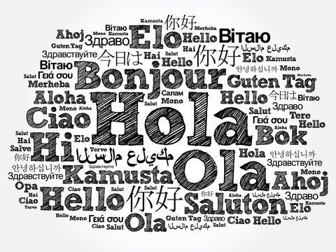 Hola (Hello Greeting in Spanish) word cloud in different languages of the world, background concept