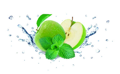 Apple splash water and mint isolated on white