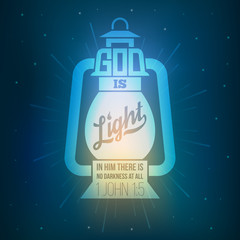 bible quotes, god is light in lamp shining in darkness background with light beams from new testament