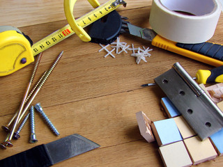 Set of working tools for repair of house or apartment. Copy space.