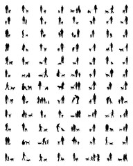Black silhouettes of people with dog on a white background