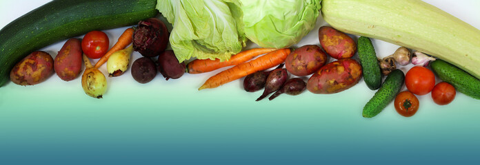 Fresh vegetables isolated on white and blue background.