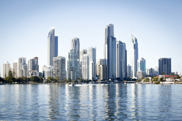 Fototapeta na wymiar Skyline and reflection of the Surfers Paradise high rise on a crystal clear morning.