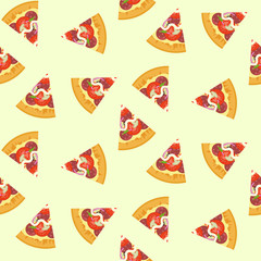Delicious colorful sliced pizza with salami, mushrooms, tomato seamless pattern. Nice fastfood texture for textile, wallpaper, background, cover, banner, bar and cafe menu design