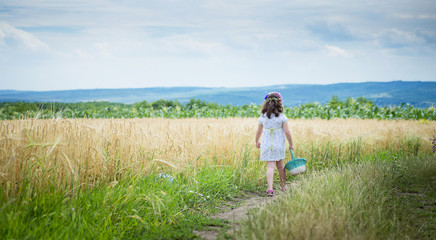 Naklejka na ściany i meble happy cute little girl in the wheat field on a warm summer day