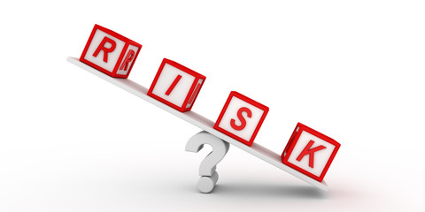 Risk cubes balancing on question. 3D rendering.