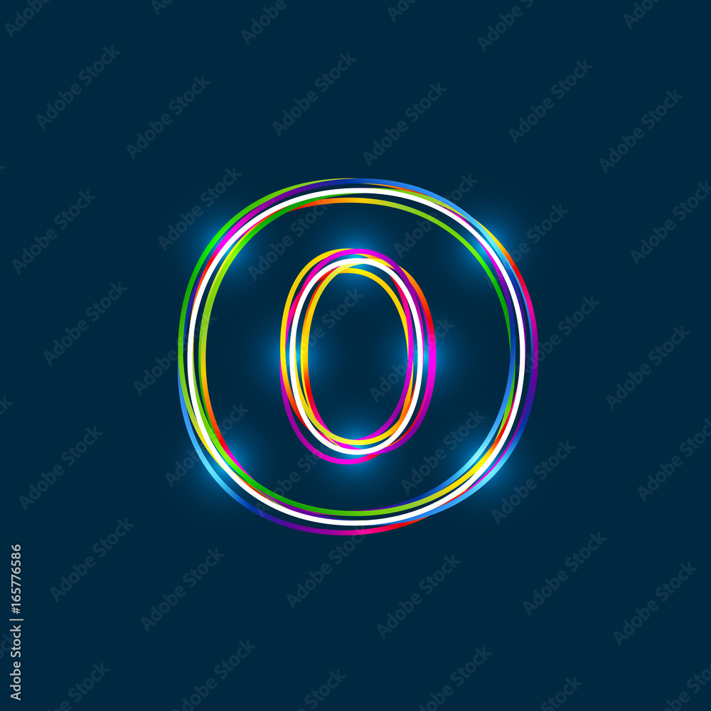 Poster greek small letter omicron - vector multicolored outline font with glowing effect isolated on blue b