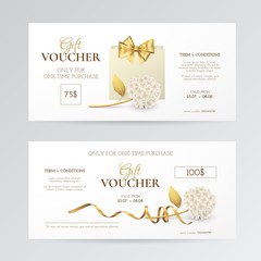 Vector set of elegant gift vouchers with hydrangea, paper shopping bag, golden bow and ribbon. Luxury template for gift cards, coupons and certificates with flowers. Isolated from the background.