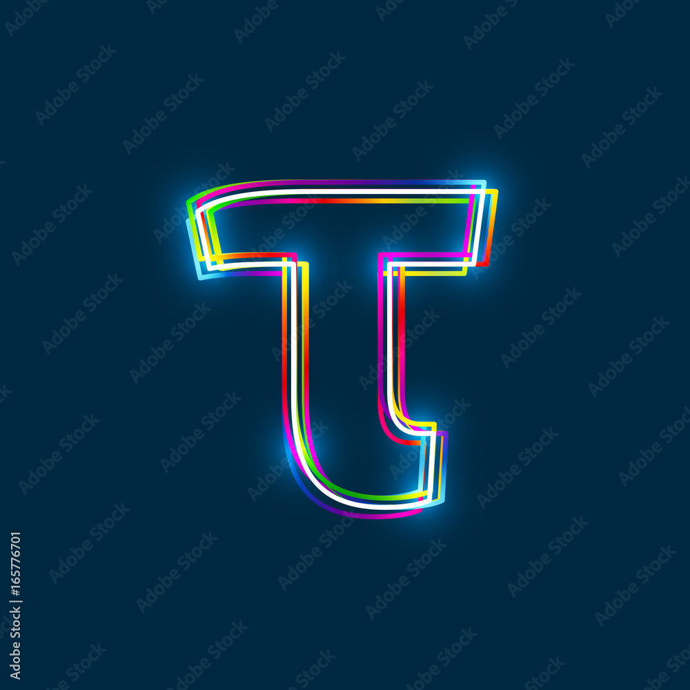 Poster greek small letter tau - vector multicolored outline font with glowing effect isolated on blue backg