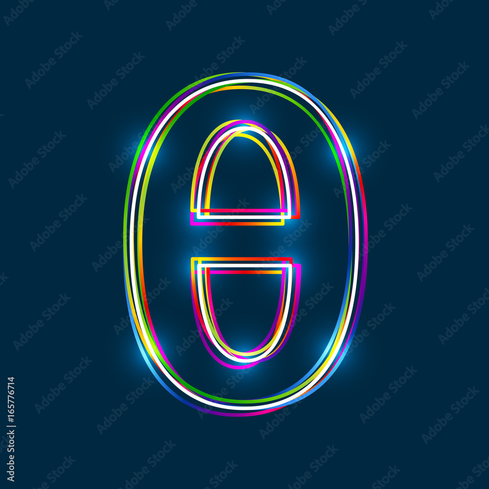 Poster greek small letter theta - vector multicolored outline font with glowing effect isolated on blue bac
