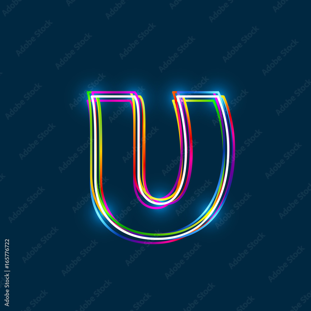 Poster greek small letter upsilon - vector multicolored outline font with glowing effect isolated on blue b