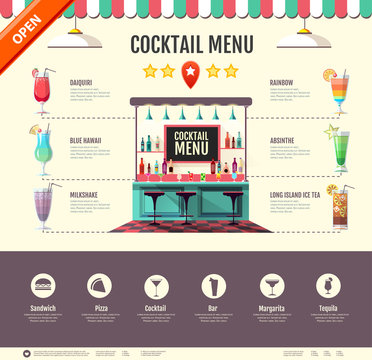 Flat style cocktail bar design. Web site design. Cocktail menu