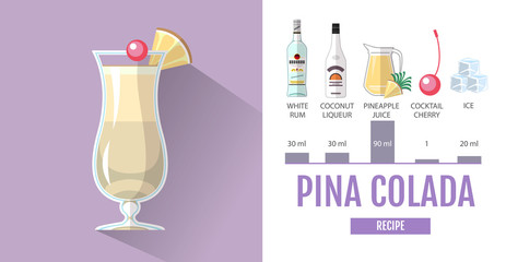 Flat style cocktail menu design. Cocktail pina colada  recipe