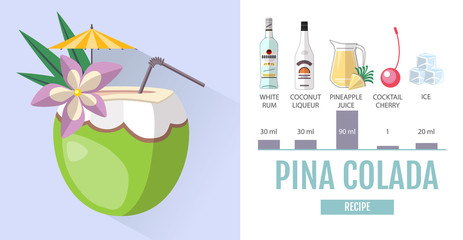 Flat style cocktail menu design. Cocktail pina colada  recipe