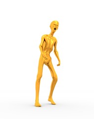 Posing horrified zombie. Golden metallic material. 3D rendering