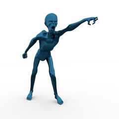 Posing horrified zombie. Dark blue metallic material skin. 3D rendering