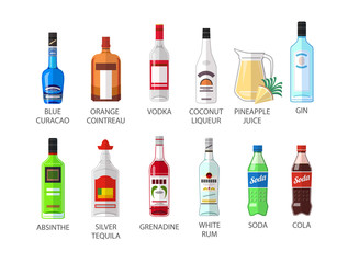 Set of flat style elite alcohot bottle icons design - obrazy, fototapety, plakaty