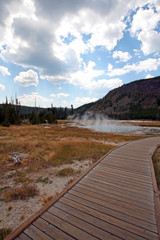 Wooden Observation Walkway through Black Sand Geyser Basin in Yellowstone National Park in Wyoming...