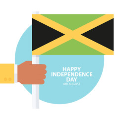 Jamaica Happy Independence Day, 6 august celebration card with hand holding jamaican flag. Flat design vector illustration.