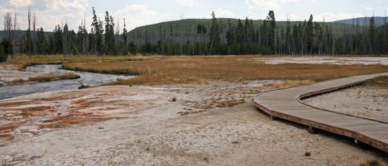 Wooden Observation Walkway next to Iron Spring Creek in Black Sand Geyser Basin in Yellowstone...