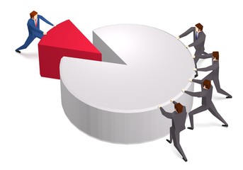 Business people pushing peace of pie chart