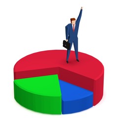 Businessman standing on top of each portion of a pie chart