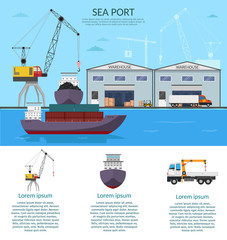 Fototapeta premium Warehouse interior of storage vector set with shipping delivery, roof and lamps flat illustration Logistic concept export truck