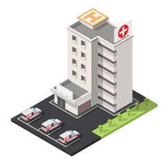 Vector isometric illustration city medical center hospital facades landscape.