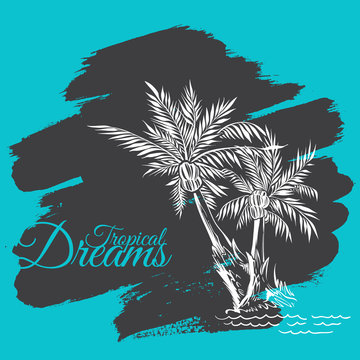 Composition of Two Hand drawn Palm Trees on Cyan Grunge Background