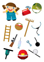 cartoon matching game with finding proper elements to occupation - gardner - illustration for children