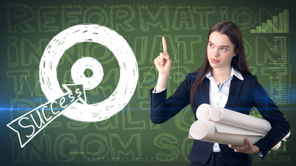 Beauty businesswoman on painted background with marketing words. Advertising, investment and business plan concept