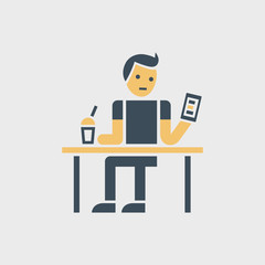 Sitting man with smartphone and dring.