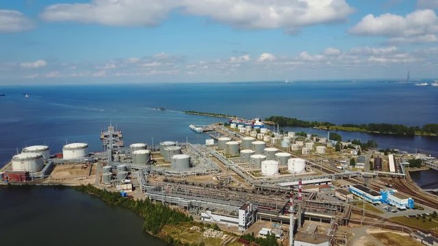 Aerial view of petrol industrial zone and big caro ship