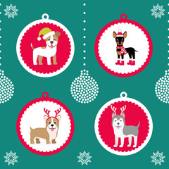 Vector illustration. A set of Christmas balls with a picture of funny animals. Christmas picture for decoration. Year of the dog.