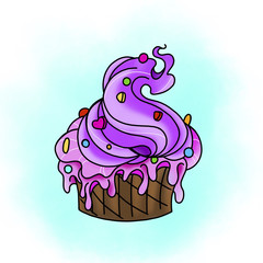 Traditional tattoo cupcake design. Cartoon illustration, hand drawn style.