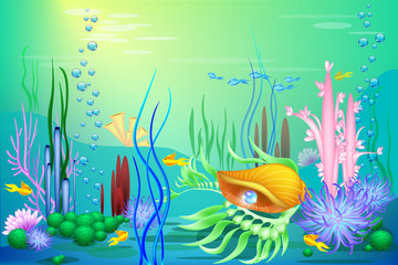 Fototapeta na wymiar Vector Undersea world with a golden seashell and fish. Different seaweeds and a blue pearl