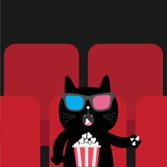 Cat eating popcorn in movie theater. Cute cartoon character. Film show Cinema background. Kitten watching movie in 3D glasses. Red seats hall. Dark background. Flat design