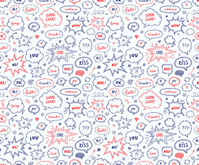 Seamless pattern in school style. Hand drawn set of speech bubbles with dialog words. Vector illustration over squared notebook sheet