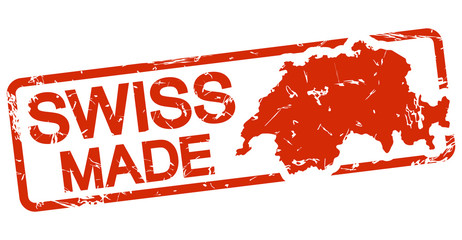 red stamp with text Swiss made