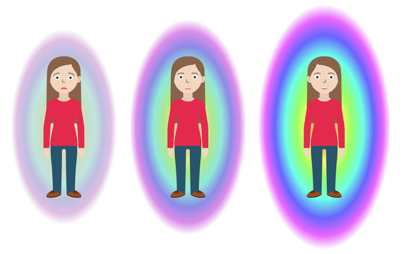Energetic healing. Pranic healing. Alternative medicine concept. Reflection of health on the aura. Vector illustration.