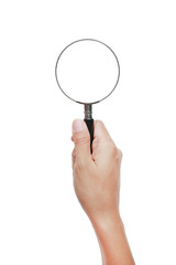 Hand holding Magnifying glass isolated on white background.