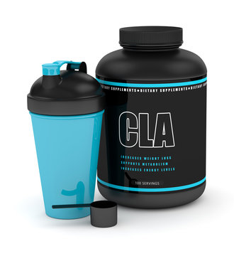 3d render of CLA supplement with shaker and spoon