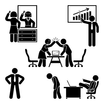 Stick figure office poses set. Business finance workplace support. Working, sitting, talking, meeting, training, discussing vector pictogram