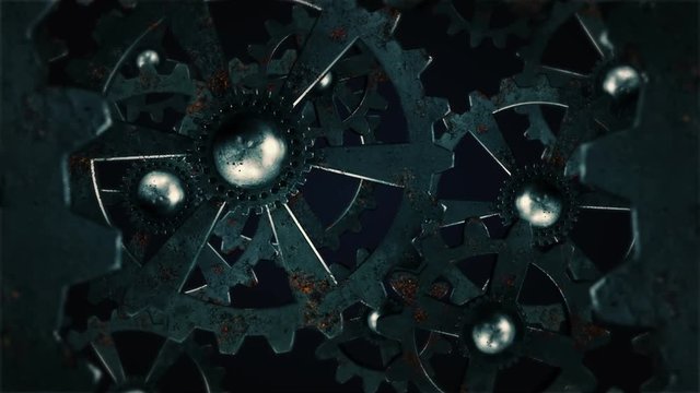 Cogwheels technological intro. Camera zoom in through rotating metal rust cogs. 