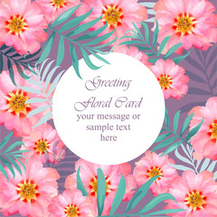Pink tropical floral card Vector. delicate summer card. Springtime fresh natural composition