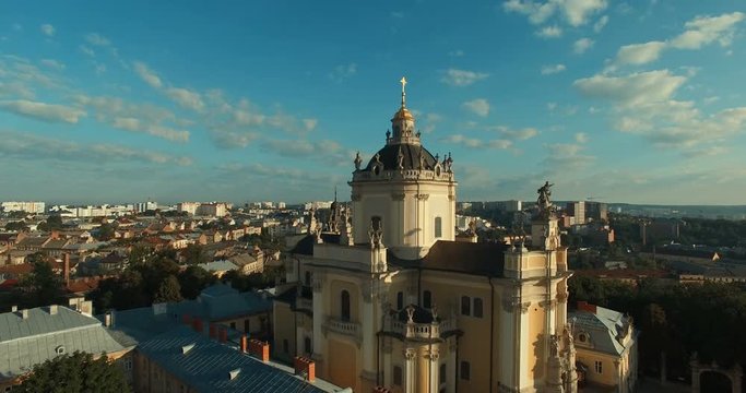 Aerial old city Lviv, Ukraine. Ancient Greek Catholic Church.